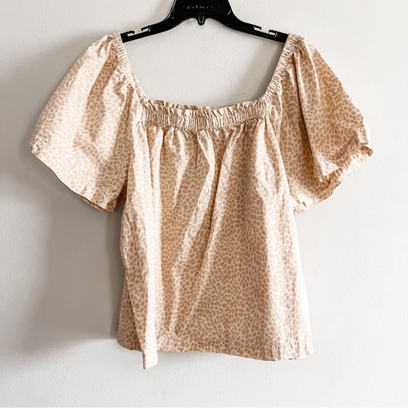 Gap Squareneck Short Sleeve Tan & White Cheetah Print Cotton Blouse Large Tall - Picture 1 of 5
